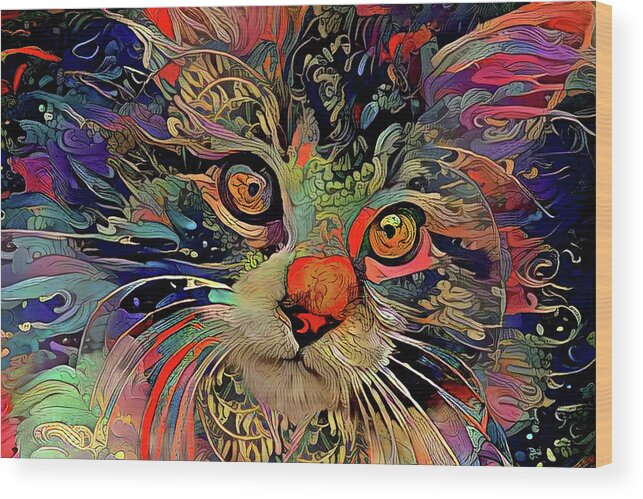 Maine Coon Cat Wood Print featuring the mixed media A Psychedelic Maine Coon Cat Named Chaos by Peggy Collins