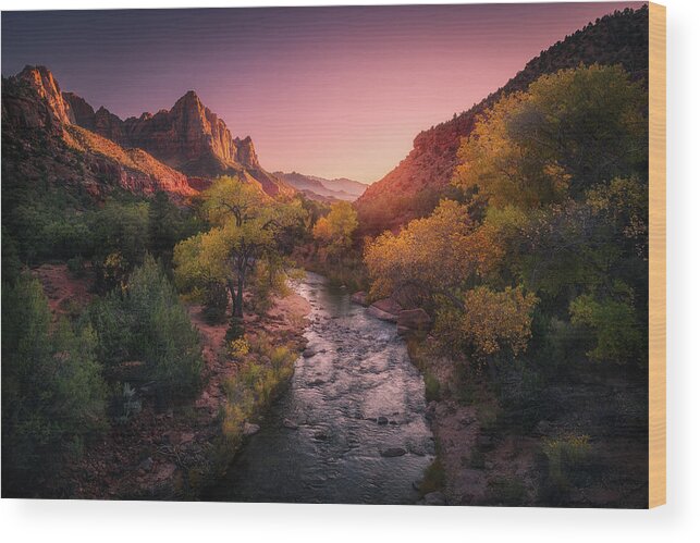 Autumn Wood Print featuring the photograph A Zion Sunset by Henry w Liu