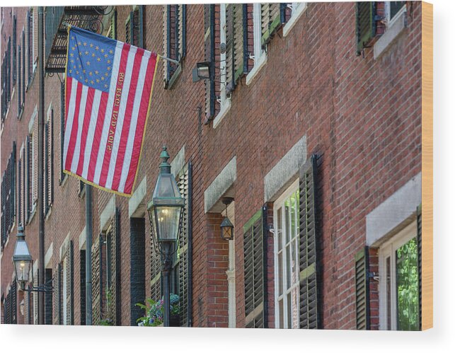 Acorn Wood Print featuring the photograph Acorn Street US Flag Boston by Susan Candelario