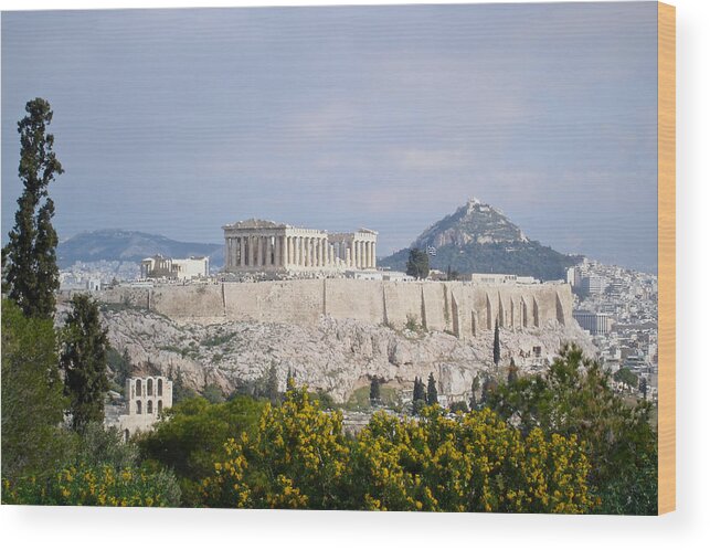 Athens Wood Print featuring the photograph Acropolis and Likavittos from Hill of the Muses by Sean Hannon