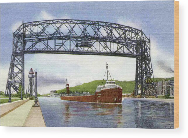Duluth Wood Print featuring the photograph Aerial Lift Bridge with Freighter by Zenith City Press