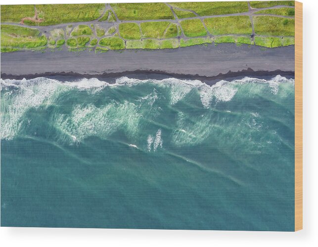 Beach Wood Print featuring the photograph Aerial top view of beach with black sand by Mikhail Kokhanchikov