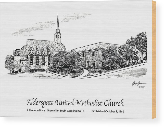 United Wood Print featuring the drawing Aldersgate Church Card by Greg Joens