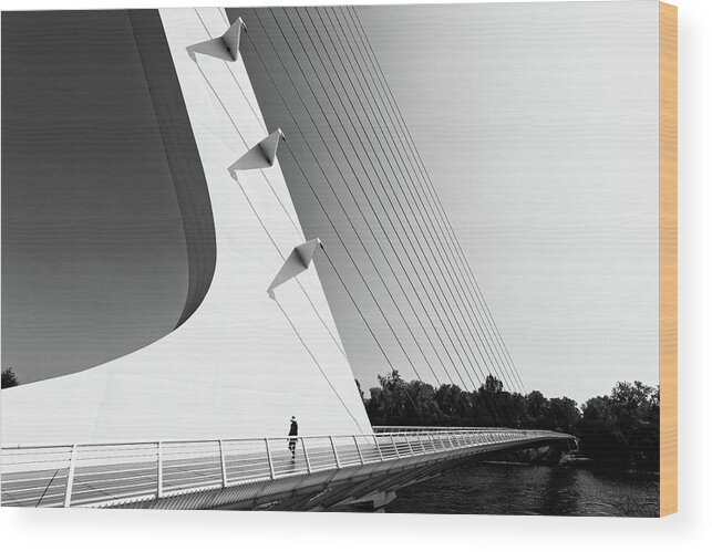 Almost Over Wood Print featuring the photograph Almost Over -- Woman Walking Over Sundial Bridge in Redding, California by Darin Volpe