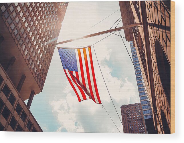 Wind Wood Print featuring the photograph American flag in Midtown Manhattan by Kolderal