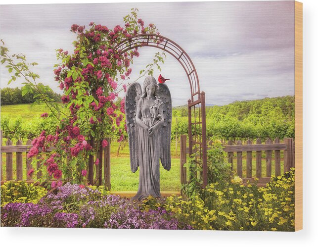 Bird Wood Print featuring the photograph Angel and Cardinal in the Garden by Debra and Dave Vanderlaan