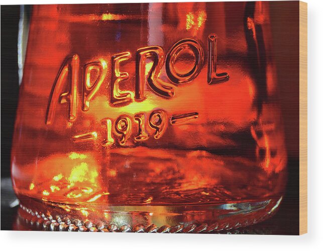 Aperol Wood Print featuring the photograph Aperol Aperitif Glass Bottle Sunlit Macro by Shawn O'Brien