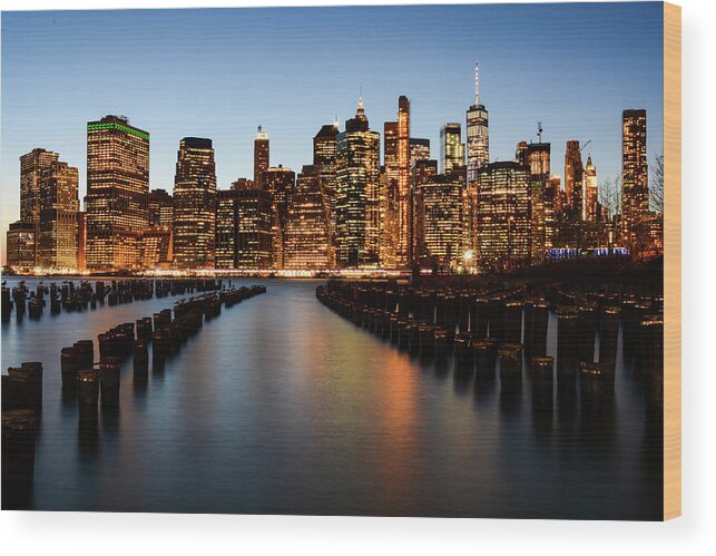 New York Wood Print featuring the photograph Apple Empire - Lower Manhattan Skyline. New York City by Earth And Spirit