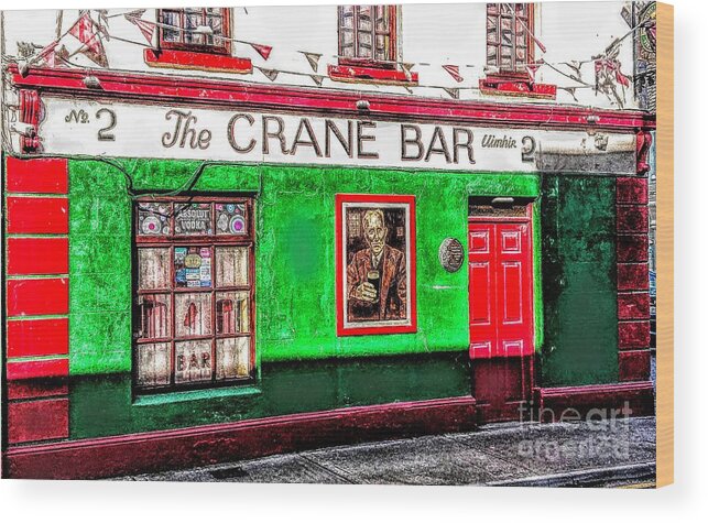 Crane Pub Galway Ireland Wood Print featuring the painting Art print of crane pub Galway Ireland by Mary Cahalan Lee - aka PIXI