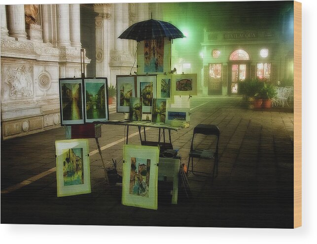 Venice Wood Print featuring the photograph Art stand in Venice by night by Wolfgang Stocker