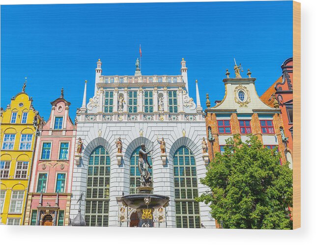 Downtown District Wood Print featuring the photograph Artus Court with Neptune Fountain in Gdansk by Syolacan
