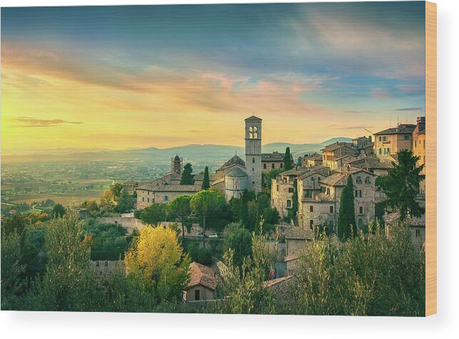 Assisi Wood Print featuring the photograph Assisi town at sunset. by Stefano Orazzini