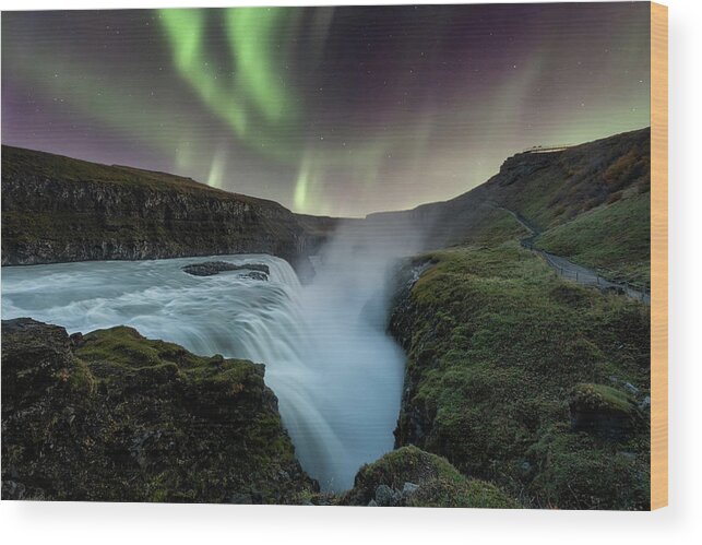 Gullfoss Wood Print featuring the photograph Aurora Borealis over Gullfoss Waterfall in Iceland by Alexios Ntounas