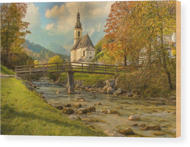 Landscape Wood Print featuring the painting Autumn view from stream below St. Sebastian Church Ramsau - DWP1 by Dean Wittle