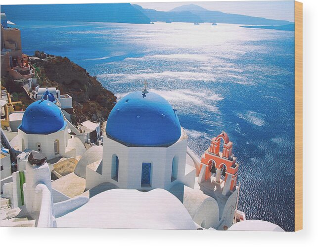 Greece Wood Print featuring the photograph Blue Domes / Santorini by Claude Taylor