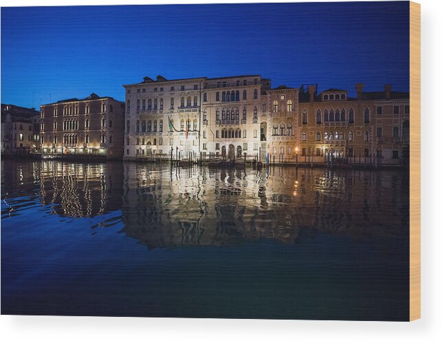 Notte Wood Print featuring the photograph B0008083 - Night Reflections on Grand Canal by Marco Missiaja