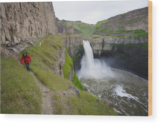 Palouse Falls State Park Wood Print featuring the photograph Backpacker hiking along cliff at Palouse Falls State Park, Washington State, USA by Christopher Kimmel / Aurora Photos