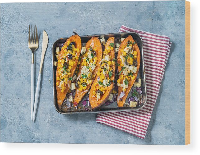 Tofu Wood Print featuring the photograph Baked Sweet potatoes with corn tofu olives by Carlo A