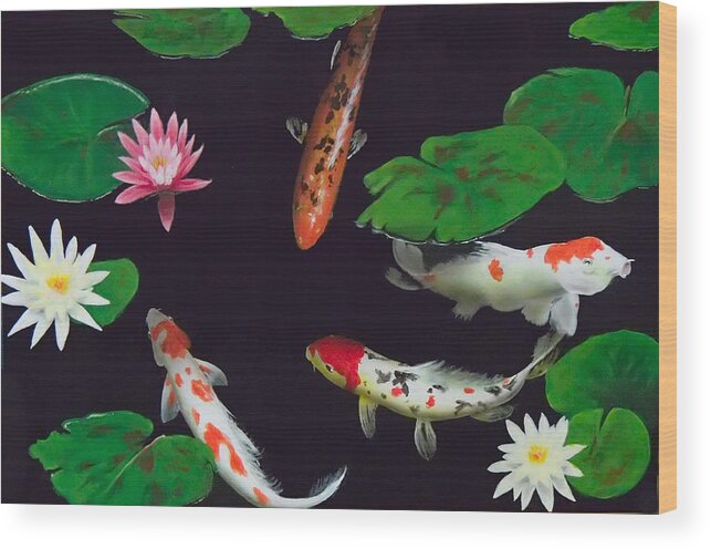 Koi Wood Print featuring the painting Barbie's Koi pond by Philip Fleischer