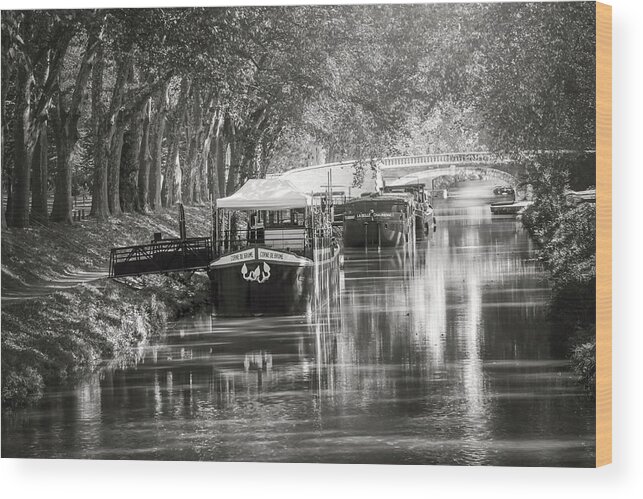 Toulouse Wood Print featuring the photograph Barges on Canal de Brienne Toulouse France Black and White by Carol Japp