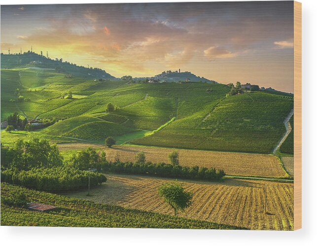 Vineyards Wood Print featuring the photograph Barolo wine vineyards and La Morra town. Langhe, Italy by Stefano Orazzini