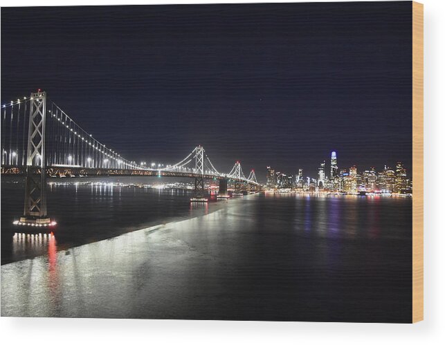 Bay Bridge San Francisco Oakland Night Lights Double Deck Decker Wood Print featuring the photograph Bay Bridge at night by Ed Stokes