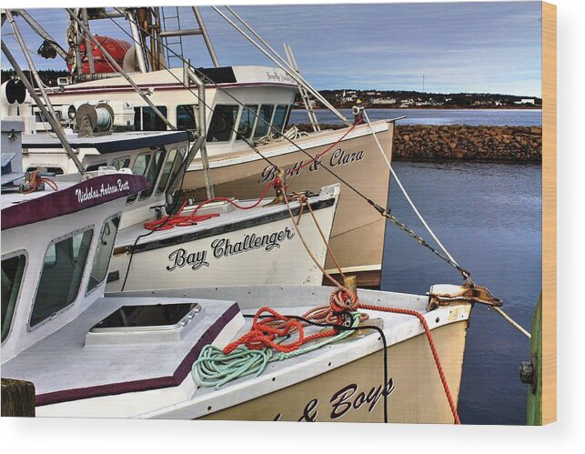 Bay Challenge Digby Nova Scotia Long Island Brier Island Fishing Fishing Boats Fishing Huts Sea Ocean Breakwaters Piers Jetties Wharfs Boats Shore Line Fishing Shacks Pots Traps Rope Wires Ties Wood Print featuring the photograph Bay Challenge by David Matthews