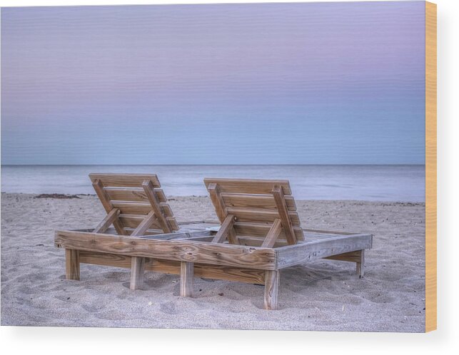 Beach Wood Print featuring the photograph Beach Chairs at Sunset by Carolyn Hutchins
