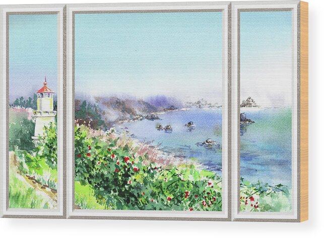 Window View Wood Print featuring the painting Beach House Window View To Lighthouse by Irina Sztukowski