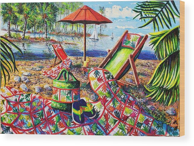 Palm Quilt At The Beach Wood Print featuring the painting Beach Retreat by Diane Phalen