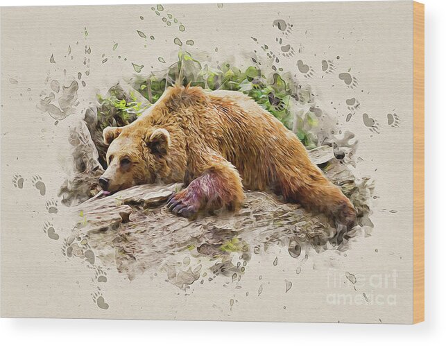 Bear Wood Print featuring the painting Bearly There by Denise Dundon