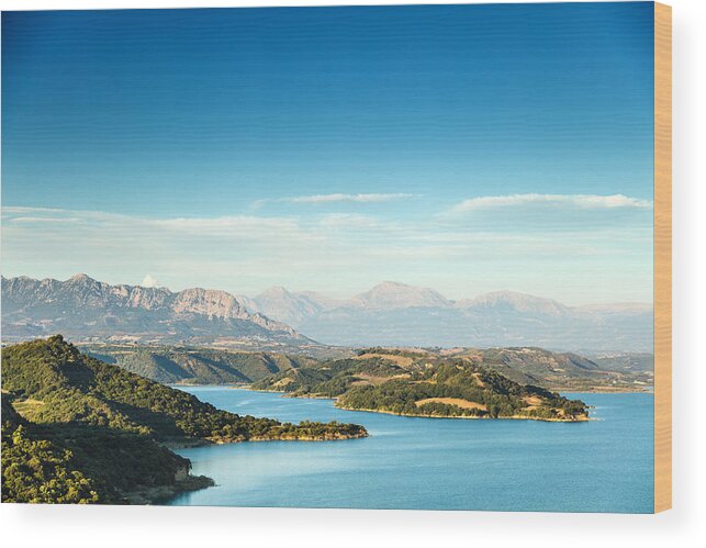 Scenics Wood Print featuring the photograph Beautiful summer landscape of lake and mountains in the evening by Sankai