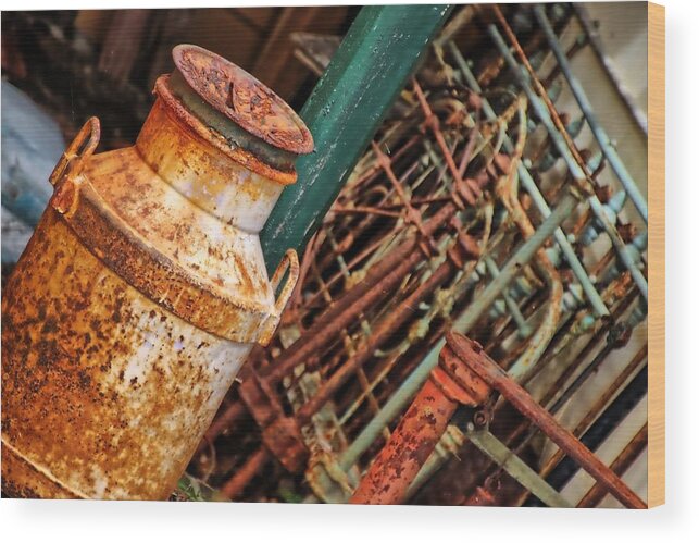 Cundletown Wood Print featuring the photograph Bed ends and a rusty milk can. by Ian Ramsay