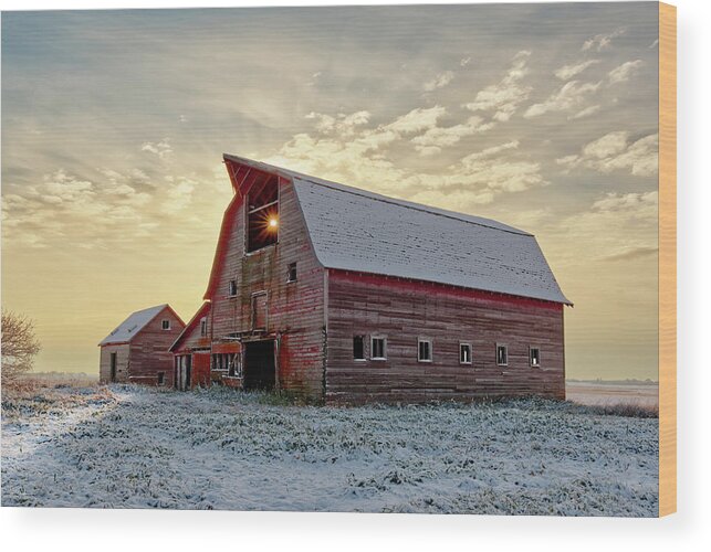Blackmore Wood Print featuring the photograph Bedazzled Blackmore Barn #2 - Sun pokes through roof hole on abandoned barn in ND by Peter Herman
