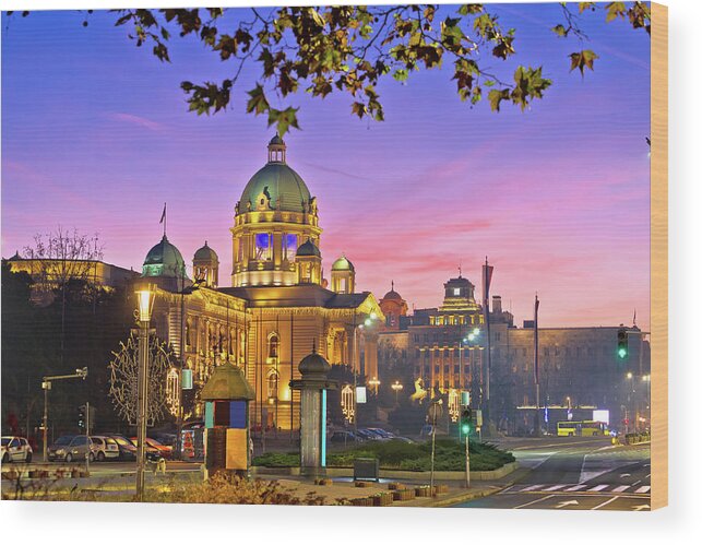 Belgrade Wood Print featuring the photograph Belgrade. Dawn street view of famous landmarks in Belgrade by Brch Photography