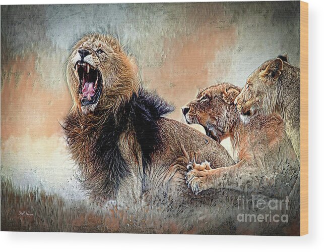 Lions Wood Print featuring the mixed media Bickering Three by DB Hayes