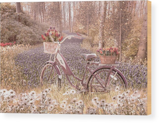 Mountains Wood Print featuring the photograph Bicycle in Flowers Cottage Hues by Debra and Dave Vanderlaan