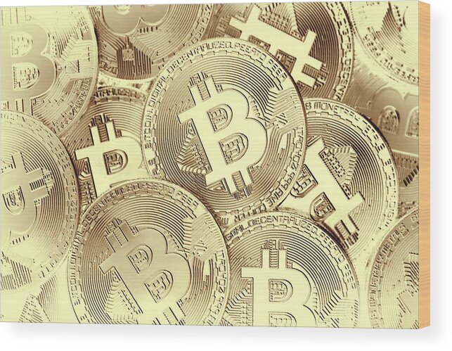 Bitcoin Wood Print featuring the photograph Bitcoin Cryptocurrency Art - Gold by Marianna Mills