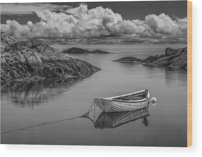 Coast Wood Print featuring the photograph Black and White of a boat in Peggy's Cove Harbor by Randall Nyhof