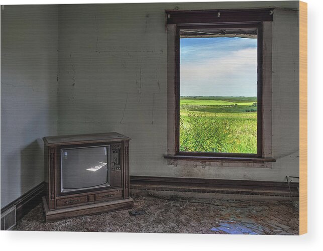 Solberg Wood Print featuring the photograph Black and White TV, Color Window - view of ND prairie from within living room of abandoned farm home by Peter Herman