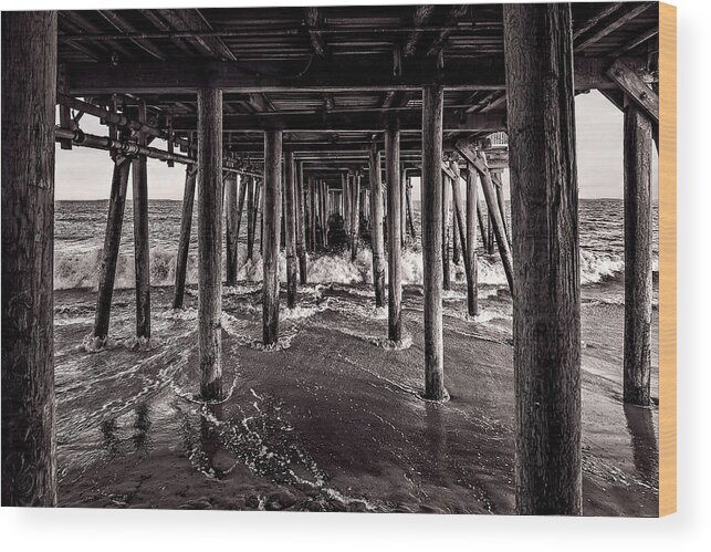 Best Maine Photos Wood Print featuring the photograph Black and White Under the Boardwalk - Old Orchard Beach in Maine by Mitchell R Grosky