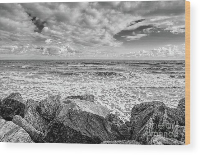 Fujifilm Wood Print featuring the photograph Black and White Whitby rocky seafront. UK by Pics By Tony