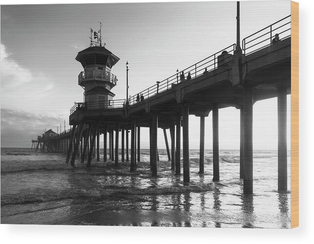 Huntington Beach Wood Print featuring the photograph Black California Series - Huntington Beach Pier Sunset by Philippe HUGONNARD