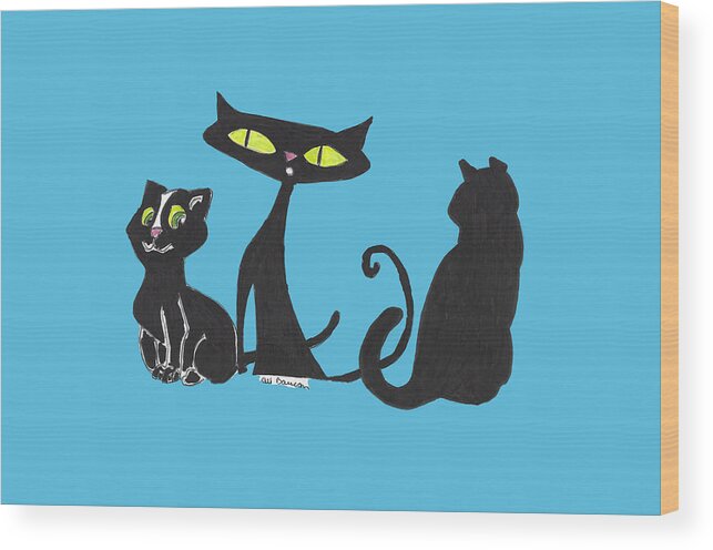 Black Wood Print featuring the mixed media Black Cats with Transparent Background by Ali Baucom
