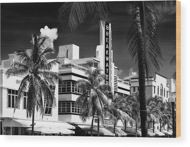 Florida Wood Print featuring the photograph Black Florida Series - Wonderful Miami Beach Art Deco by Philippe HUGONNARD
