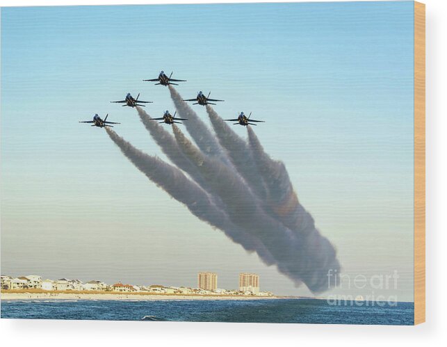 Blue Angels Wood Print featuring the photograph Blue Angels over Pensacola Beach, Florida by Beachtown Views