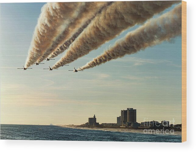 Blue Angels Wood Print featuring the photograph Blue Angels over Pensacola Beach, Florida Pier by Beachtown Views