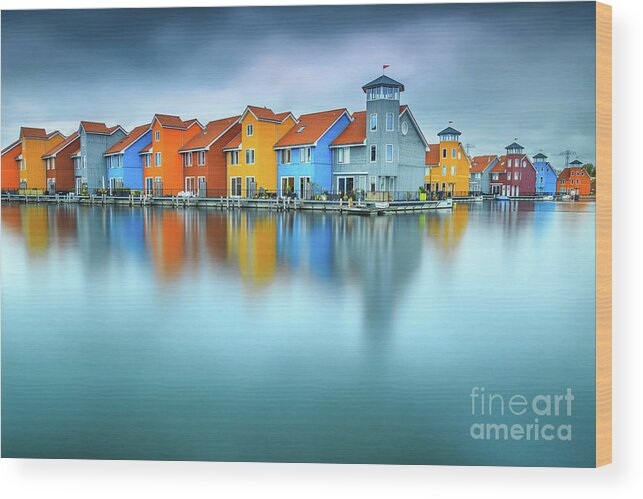 Sea Wood Print featuring the photograph Blue Morning at Waters Edge Groningen Netherlands Europe Coastal Landscape Photograph by PIPA Fine Art - Simply Solid