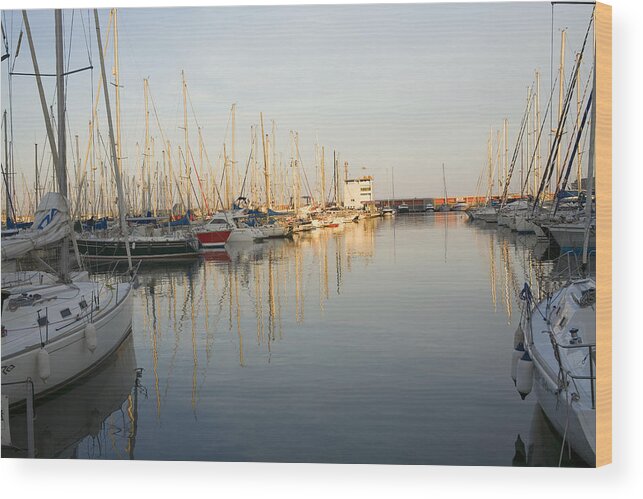 Scenics Wood Print featuring the photograph Boats moored at a port, Port Vell, Barcelona, Spain by Glowimages