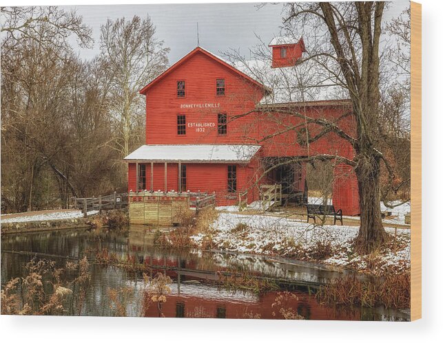 Grist Mill Wood Print featuring the photograph Bonneyville Mills First Snow by Susan Rissi Tregoning